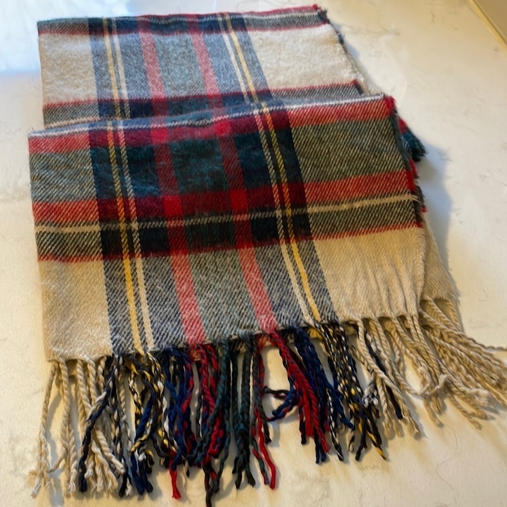 Large Red, tan, and blue plaid‎ acrylic Scarf with fringe warm and cozy